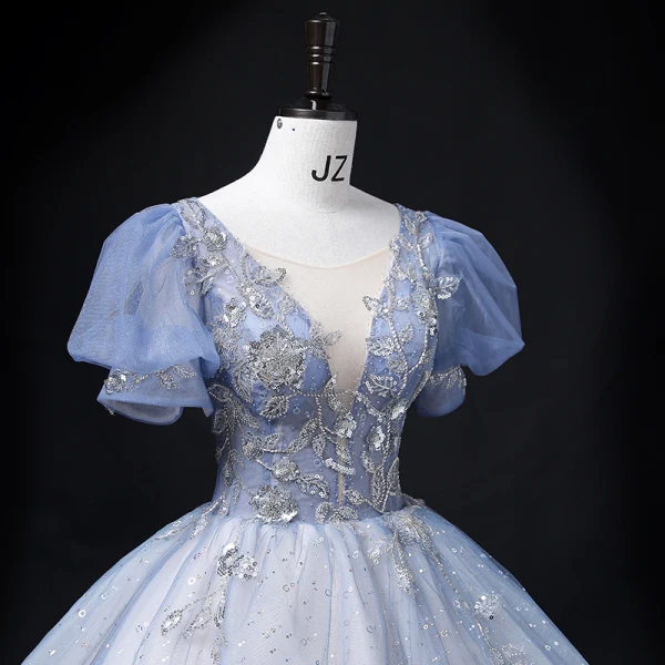 Elegant Sky Blue Prom Dresses 2022 Ball Gown Scoop Neck Puffy Short Sleeve Backless Beading Sequins Floor-Length / Long Formal Dresses
