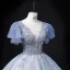 Elegant Sky Blue Prom Dresses 2022 Ball Gown Scoop Neck Puffy Short Sleeve Backless Beading Sequins Floor-Length / Long Formal Dresses