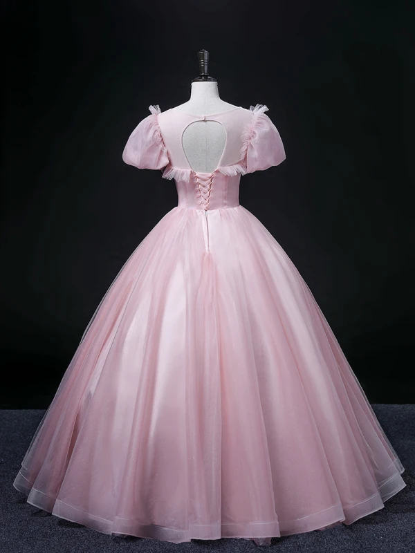 Elegant Blushing Pink Prom Dresses 2022 Ball Gown Scoop Neck Beading Pearl Rhinestone Sequins Butterfly Lace Flower Short Sleeve Backless Floor-Length / Long Formal Dresses