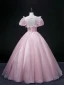Elegant Blushing Pink Prom Dresses 2022 Ball Gown Scoop Neck Beading Pearl Rhinestone Sequins Butterfly Lace Flower Short Sleeve Backless Floor-Length / Long Formal Dresses
