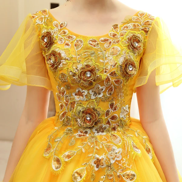 Affordable Gold Prom Dresses 2020 Ball Gown Scoop Neck Short Sleeve Appliques Sequins Flower Floor-Length / Long Ruffle Backless Formal Dresses