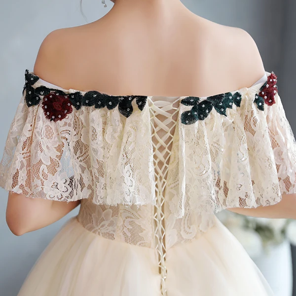 Chic / Beautiful Champagne Rhinestone Lace Flower Prom Dresses 2022 A-Line / Princess Off-The-Shoulder Short Sleeve Backless Floor-Length / Long Formal Dresses