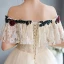 Chic / Beautiful Champagne Rhinestone Lace Flower Prom Dresses 2022 A-Line / Princess Off-The-Shoulder Short Sleeve Backless Floor-Length / Long Formal Dresses