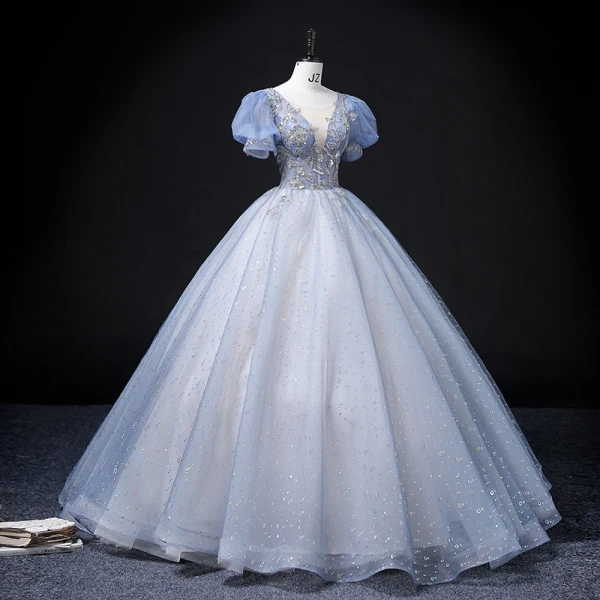 Elegant Sky Blue Prom Dresses 2022 Ball Gown Scoop Neck Puffy Short Sleeve Backless Beading Sequins Floor-Length / Long Formal Dresses