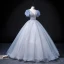 Elegant Sky Blue Prom Dresses 2022 Ball Gown Scoop Neck Puffy Short Sleeve Backless Beading Sequins Floor-Length / Long Formal Dresses