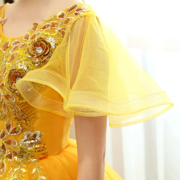 Affordable Gold Prom Dresses 2020 Ball Gown Scoop Neck Short Sleeve Appliques Sequins Flower Floor-Length / Long Ruffle Backless Formal Dresses