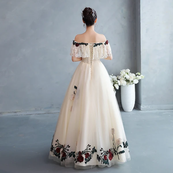Chic / Beautiful Champagne Rhinestone Lace Flower Prom Dresses 2022 A-Line / Princess Off-The-Shoulder Short Sleeve Backless Floor-Length / Long Formal Dresses