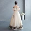 Chic / Beautiful Champagne Rhinestone Lace Flower Prom Dresses 2022 A-Line / Princess Off-The-Shoulder Short Sleeve Backless Floor-Length / Long Formal Dresses