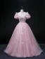 Elegant Blushing Pink Prom Dresses 2022 Ball Gown Scoop Neck Beading Pearl Rhinestone Sequins Butterfly Lace Flower Short Sleeve Backless Floor-Length / Long Formal Dresses