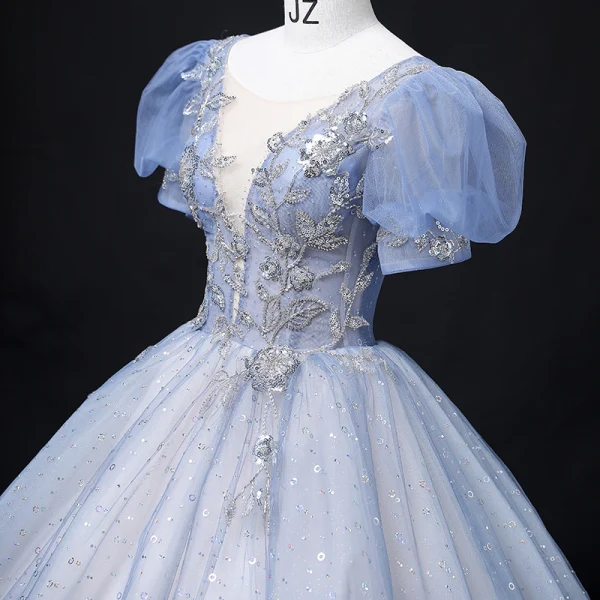 Elegant Sky Blue Prom Dresses 2022 Ball Gown Scoop Neck Puffy Short Sleeve Backless Beading Sequins Floor-Length / Long Formal Dresses