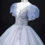 Elegant Sky Blue Prom Dresses 2022 Ball Gown Scoop Neck Puffy Short Sleeve Backless Beading Sequins Floor-Length / Long Formal Dresses