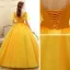 Affordable Gold Prom Dresses 2020 Ball Gown Scoop Neck Short Sleeve Appliques Sequins Flower Floor-Length / Long Ruffle Backless Formal Dresses