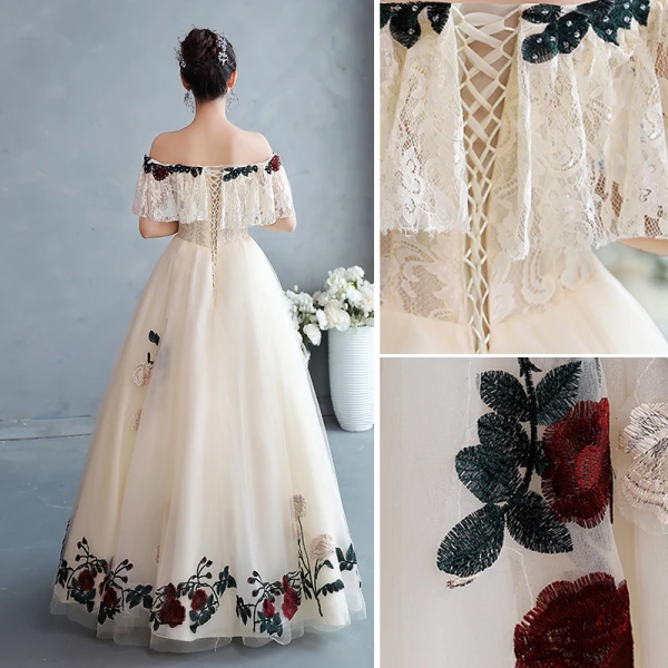Chic / Beautiful Champagne Rhinestone Lace Flower Prom Dresses 2022 A-Line / Princess Off-The-Shoulder Short Sleeve Backless Floor-Length / Long Formal Dresses