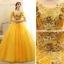 Affordable Gold Prom Dresses 2020 Ball Gown Scoop Neck Short Sleeve Appliques Sequins Flower Floor-Length / Long Ruffle Backless Formal Dresses