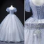 Elegant Sky Blue Prom Dresses 2022 Ball Gown Scoop Neck Puffy Short Sleeve Backless Beading Sequins Floor-Length / Long Formal Dresses