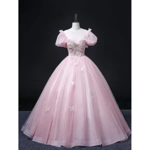 Elegante Blozen Roze Galajurken 2022 Baljurk Ronde Hals Kralen Parel Rhinestone Pailletten Vlinder Kant Bloem Korte Mouwen Ruglooze Lange Gelegenheid Jurken