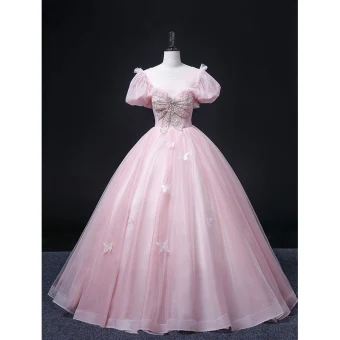 Élégant Rougissant Rose Robe De Bal 2022 Robe Boule Encolure Dégagée Perlage Perle Faux Diamant Paillettes Papillon En Dentelle Fleur Manches Courtes Dos Nu Longue Robe De Ceremonie