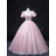 Elegant Blushing Pink Prom Dresses 2022 Ball Gown Scoop Neck Beading Pearl Rhinestone Sequins Butterfly Lace Flower Short Sleeve Backless Floor-Length / Long Formal Dresses