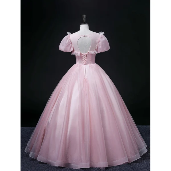 Elegant Blushing Pink Prom Dresses 2022 Ball Gown Scoop Neck Beading Pearl Rhinestone Sequins Butterfly Lace Flower Short Sleeve Backless Floor-Length / Long Formal Dresses