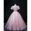 Elegant Blushing Pink Prom Dresses 2022 Ball Gown Scoop Neck Beading Pearl Rhinestone Sequins Butterfly Lace Flower Short Sleeve Backless Floor-Length / Long Formal Dresses