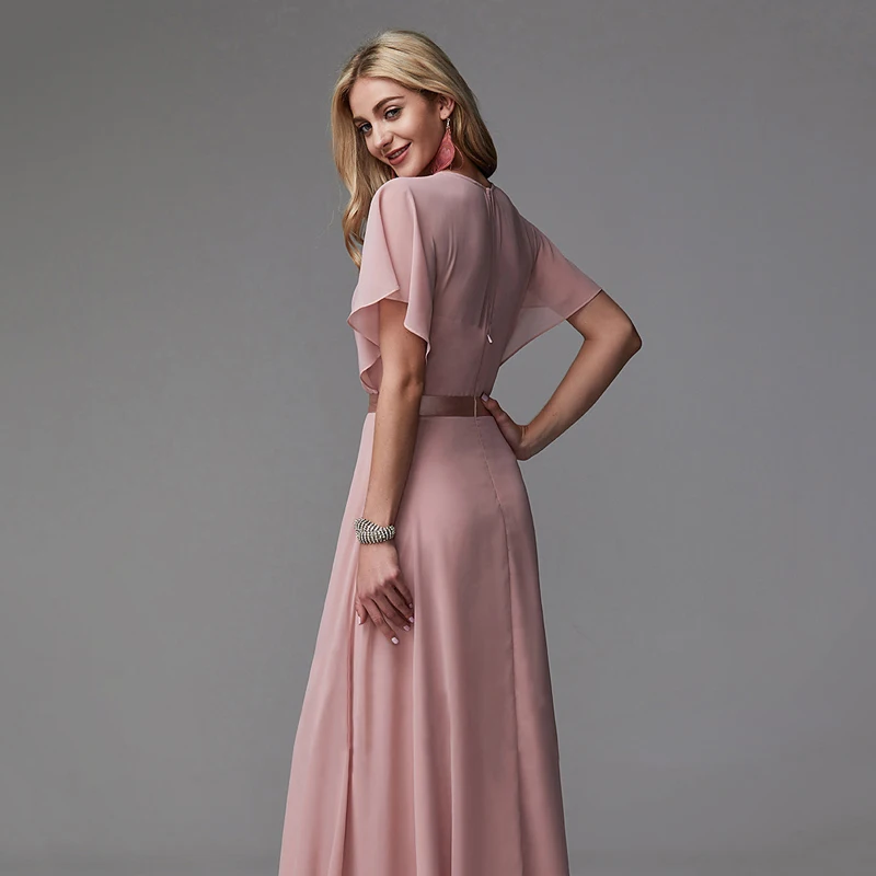 Classic Elegant Blushing Pink Evening Dresses 2020 Tulle V Neck A Line  Princess Floor Length Long Short Sleeve Evening Party Formal Dresses