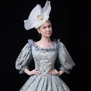 Vintage Retro Medieval Pool Blue Ball Gown Prom Dresses 2021 Zipper Up U Neck Floor Length Long 3 4 Sleeve 3d Lace Embroidered Printing Cosplay Prom Formal Dresses