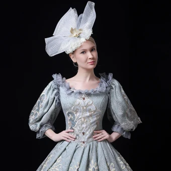 Vintage Retro Medieval Pool Blue Ball Gown Prom Dresses 2021 Zipper Up U Neck Floor Length Long 3 4 Sleeve 3d Lace Embroidered Printing Cosplay Prom Formal Dresses