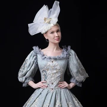Vintage Retro Medieval Pool Blue Ball Gown Prom Dresses 2021 Zipper Up U Neck Floor Length Long 3 4 Sleeve 3d Lace Embroidered Printing Cosplay Prom Formal Dresses