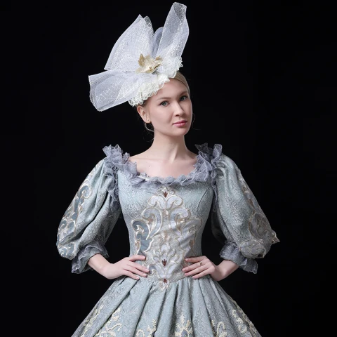 Vintage Middelalder Blå Ballkjole Ballkjoler 2021 Glidlås U-Hals Lange 3/4 Ermer 3D Lace Brodert Printing Cosplay Ball Formelle Kjoler