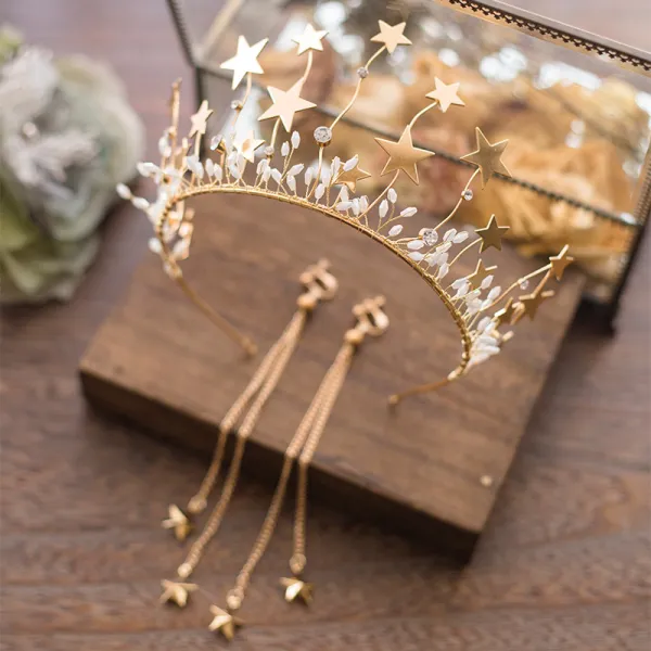 Modern / Fashion Gold Bridal Jewelry 2017 Metal Star Beading Rhinestone Headpieces Wedding Prom Accessories
