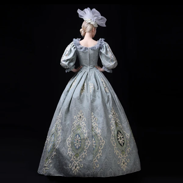 Vintage / Retro Medieval Pool Blue Ball Gown Prom Dresses 2021 Zipper Up U-Neck Floor-Length / Long 3/4 Sleeve 3D Lace Embroidered Printing Cosplay Prom Formal Dresses