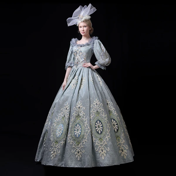 Vintage / Retro Medieval Pool Blue Ball Gown Prom Dresses 2021 Zipper Up U-Neck Floor-Length / Long 3/4 Sleeve 3D Lace Embroidered Printing Cosplay Prom Formal Dresses