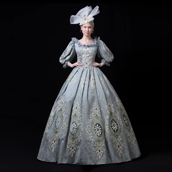 Vintage / Retro Medieval Pool Blue Ball Gown Prom Dresses 2021 Zipper Up U-Neck Floor-Length / Long 3/4 Sleeve 3D Lace Embroidered Printing Cosplay Prom Formal Dresses