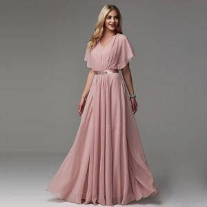 Classique Élégant Rougissant Rose Robe De Soirée 2020 Tulle V Cou Princesse Longue Manches Courtes Soirée Robe De Ceremonie