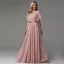 Clásico Elegantes Rosa Clara Vestidos de noche 2020 Tul V-Cuello A-Line / Princess Largos Manga Corta Noche Vestidos Formales