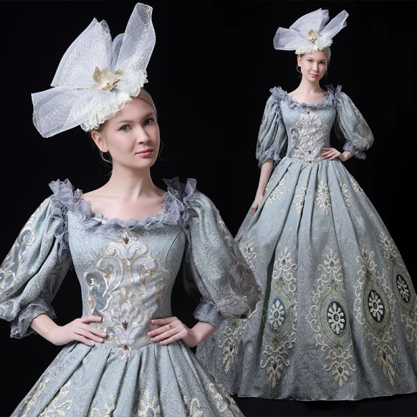 Vintage / Retro Medieval Pool Blue Ball Gown Prom Dresses 2021 Zipper Up U-Neck Floor-Length / Long 3/4 Sleeve 3D Lace Embroidered Printing Cosplay Prom Formal Dresses