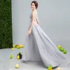 Chic / Beautiful Grey Cocktail Dresses 2017 A-Line / Princess Tulle U-Neck Backless Beading Pierced Cocktail Party Formal Dresses