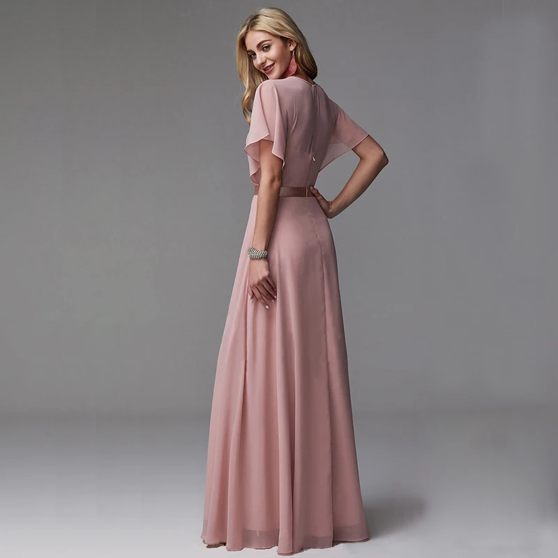 Classic Elegant Blushing Pink Evening Dresses 2020 Tulle V Neck A Line  Princess Floor Length Long Short Sleeve Evening Party Formal Dresses