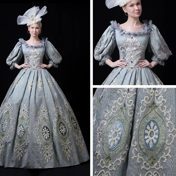Vintage / Retro Medieval Pool Blue Ball Gown Prom Dresses 2021 Zipper Up U-Neck Floor-Length / Long 3/4 Sleeve 3D Lace Embroidered Printing Cosplay Prom Formal Dresses