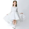 Chic / Beautiful Church Wedding Party Dresses 2017 Flower Girl Dresses White Asymmetrical A-Line / Princess Backless Heart-shaped Scoop Neck Long Sleeve Lace Appliques Flower Rhinestone