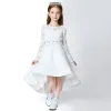 Chic / Beautiful Church Wedding Party Dresses 2017 Flower Girl Dresses White Asymmetrical A-Line / Princess Backless Heart-shaped Scoop Neck Long Sleeve Lace Appliques Flower Rhinestone