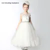 Chic / Beautiful Church Wedding Party Dresses 2017 Flower Girl Dresses White Ankle Length A-Line / Princess Scoop Neck Backless Sleeveless Flower Appliques Pearl Lace Rhinestone Sash