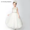 Chic / Beautiful Church Wedding Party Dresses 2017 Flower Girl Dresses White Ankle Length A-Line / Princess Scoop Neck Backless Sleeveless Flower Appliques Pearl Lace Rhinestone Sash