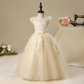 Chic Beautiful Church Wedding Party Dresses 2017 Flower Girl Dresses Champagne Floor Length Long Ball Gown Bow Sash Cascading Ruffles Scoop Neck Short Sleeve Lace Appliques Leaf Flower Pearl