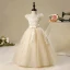 Chic / Beautiful Church Wedding Party Dresses 2017 Flower Girl Dresses Champagne Floor-Length / Long Ball Gown Bow Sash Cascading Ruffles Scoop Neck Short Sleeve Lace Appliques Leaf Flower Pearl