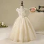 Chic / Beautiful Church Wedding Party Dresses 2017 Flower Girl Dresses Champagne Floor-Length / Long Ball Gown Bow Sash Cascading Ruffles Scoop Neck Short Sleeve Lace Appliques Leaf Flower Pearl