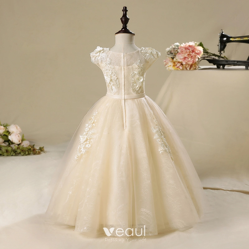 Chic Beautiful Church Wedding Party Dresses 2017 Flower Girl Dresses Champagne Long Ball