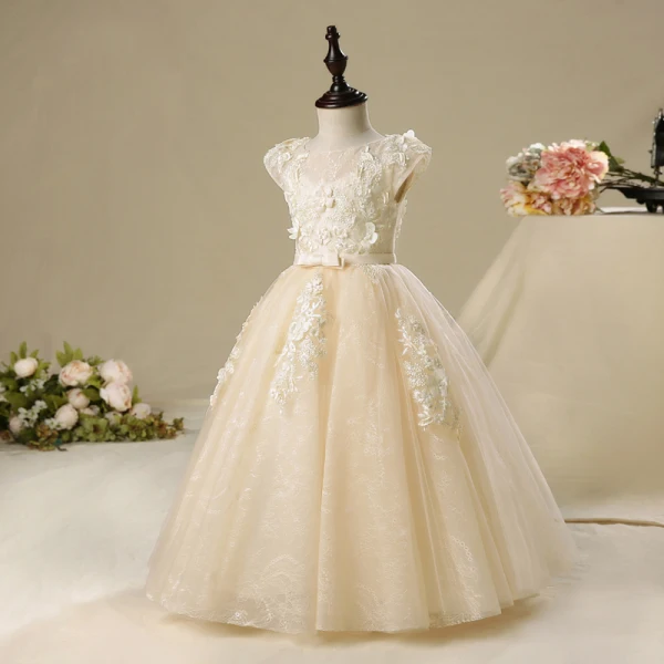 Chic / Beautiful Church Wedding Party Dresses 2017 Flower Girl Dresses Champagne Floor-Length / Long Ball Gown Bow Sash Cascading Ruffles Scoop Neck Short Sleeve Lace Appliques Leaf Flower Pearl