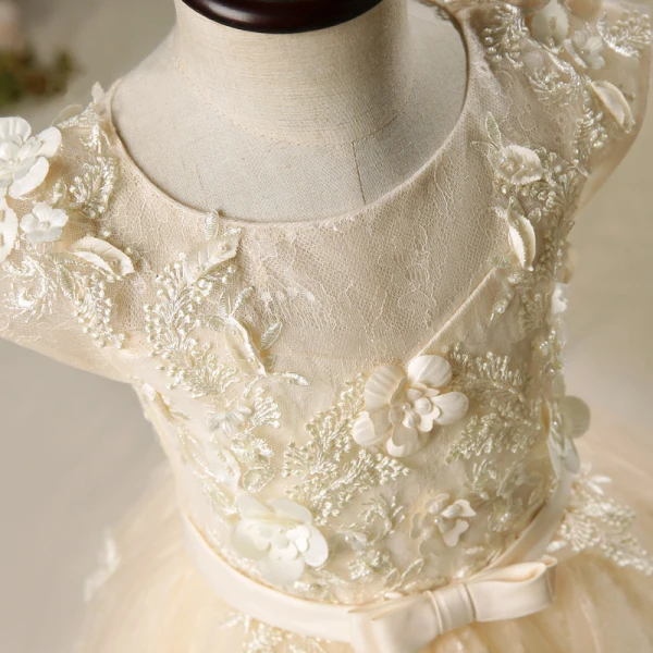 Chic / Beautiful Church Wedding Party Dresses 2017 Flower Girl Dresses Champagne Floor-Length / Long Ball Gown Bow Sash Cascading Ruffles Scoop Neck Short Sleeve Lace Appliques Leaf Flower Pearl