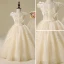 Chic / Beautiful Church Wedding Party Dresses 2017 Flower Girl Dresses Champagne Floor-Length / Long Ball Gown Bow Sash Cascading Ruffles Scoop Neck Short Sleeve Lace Appliques Leaf Flower Pearl